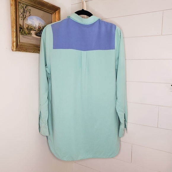 Soft Surroundings Mint Blue Colorblock Silk Tunic Button Up Blouse Top Medium - Picture 2 of 4